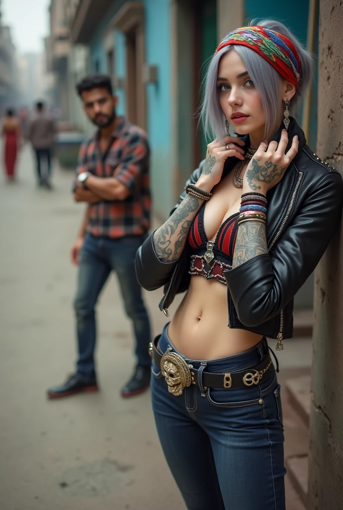 russian milf woman, grey hair (middle part) and wide colourful bandana as headband, with very light blue eyes, extremely pale. Wearing studded cropped black moto jacket with lots of zippers and pins, black and red embroidered push up bra , dark skinny blue jeans and pointy silver Chelsea boots with cuban heels . Lots of colourful thick bracelets, colourful collars and colourful rings. Tacky wide studded leather belt with oversized skull and bones buckle. Long bohemian earrings with feathers. Standing up, humble facial expression. Hands on her neck, showing off bracelets and rings. Chains around belt. Narrow hips Listening in amazement to somebody speaking to her, toned six pack abdominals, thin neck, slim legs and thin arms. Tattoed heavily. A man looks at her. Scene in Karachi.