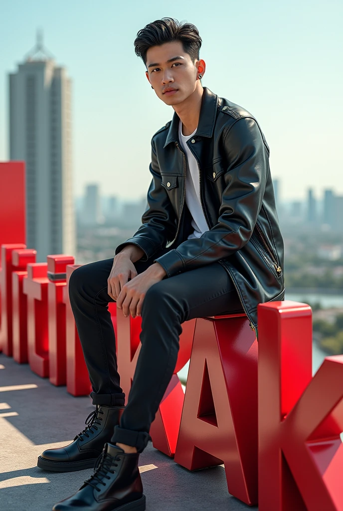 a handsome Asian guy aged 20 wearing cool clothes. sitting on a 3d text block that says "editin kak". background view from the hill