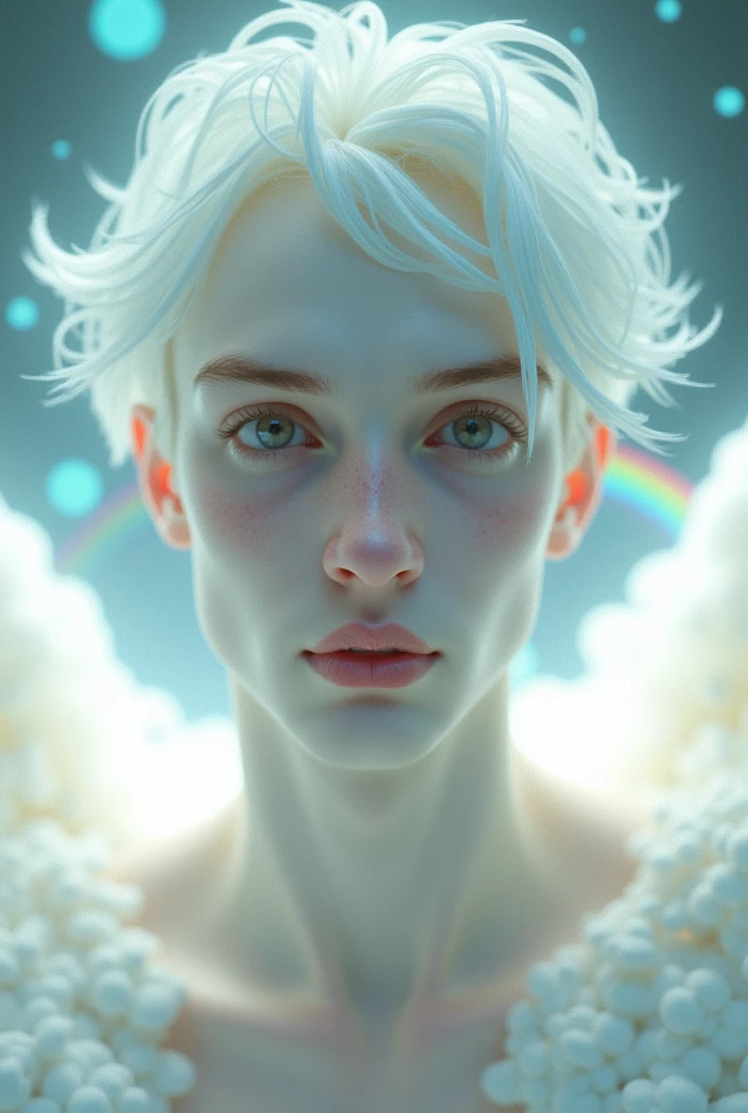 Beautiful angel、White male、Beardless、Mysterious face、Eyes that seem to draw you in、White light and rainbow on the back、Upper body naked、Looking at the front-facing camera、White skin