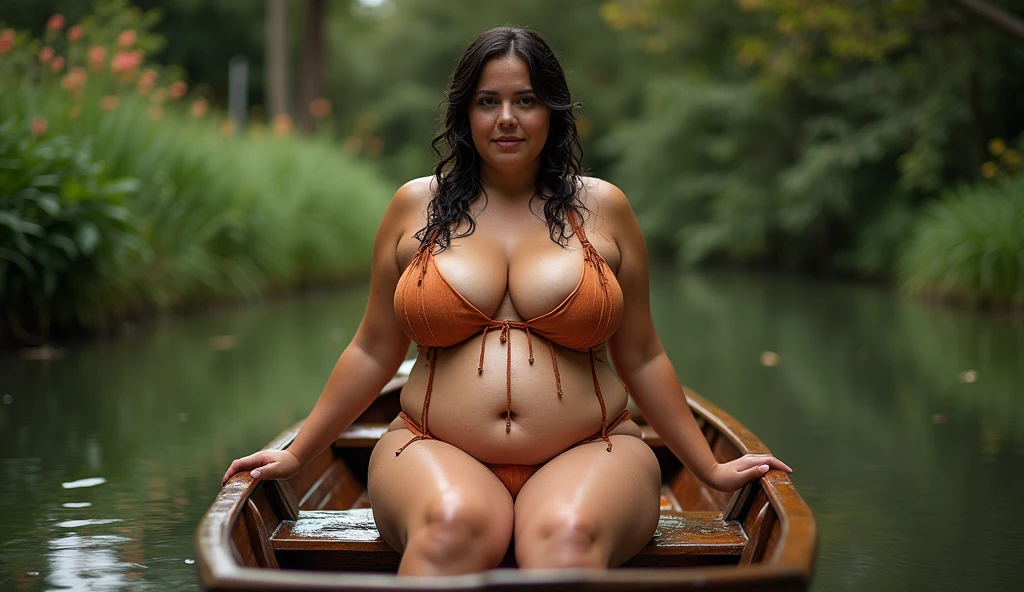 for Instagram ,woman with big breast sitting on a wooden boat in a yard, a stock photo by Eve Ryder, dribble, process art, lisa ann, voluptuous and arousing, very wet, oiled, wet swimsuit, oily puddles, outdoors, dripping wet, carnal ) wet, drenched body, having fun in the sun, full pov