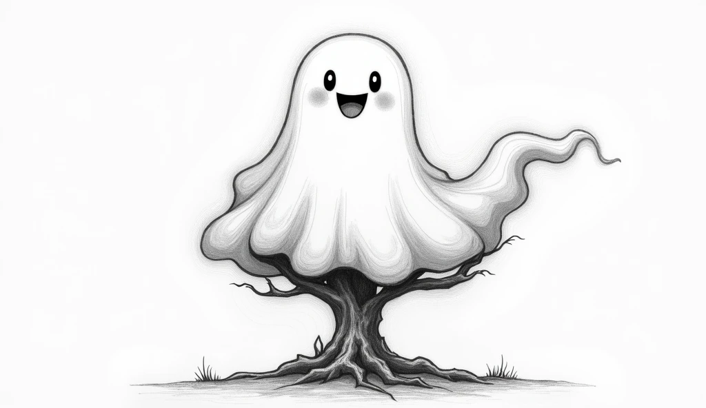 Cartoon Big ghost guarding a tree in pencil drawing