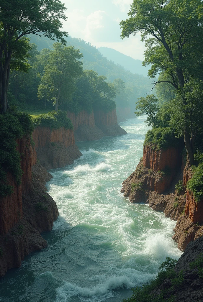 A riverbank eroding due to strong flood currents.