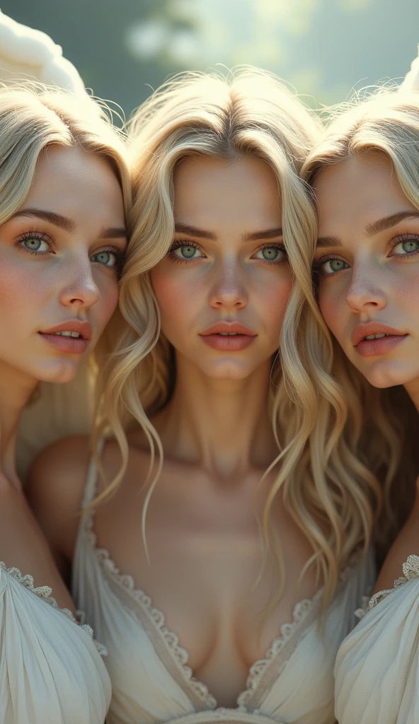 Three very beautiful female angels looking at the camera with moist eyes