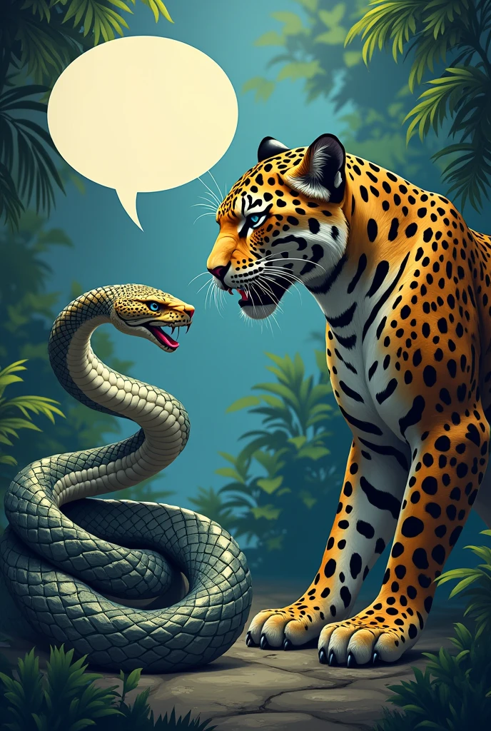 A drawing of a snake next to a jaguar with a speech bubble above the snake