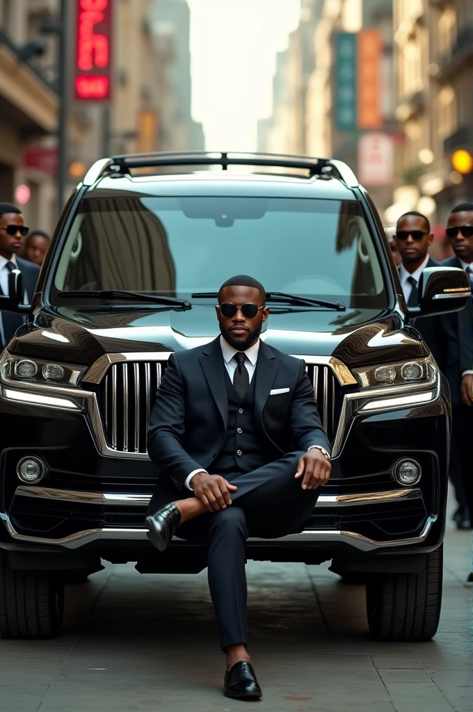 Rich young black man, dressed in a classic suit with sunglasses, with legs crossed ,  next to a large black Land Cruiser V8 car, in a beautiful city that has more rich men around it, and some dressed formally, others dressed in beautiful Rap style, with security guards dressed formally with weapons, some with sunglasses and a mini communication device in their ear..
