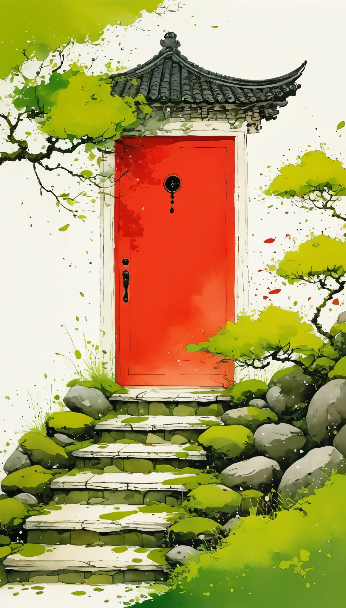 中国水墨画sketch：Light Ink，Lowercase，sketch，artistic conception，Long, moss-covered steps lead to a red door.，cloud，Minimalism，(((Negative Space,Bottom left composition)))