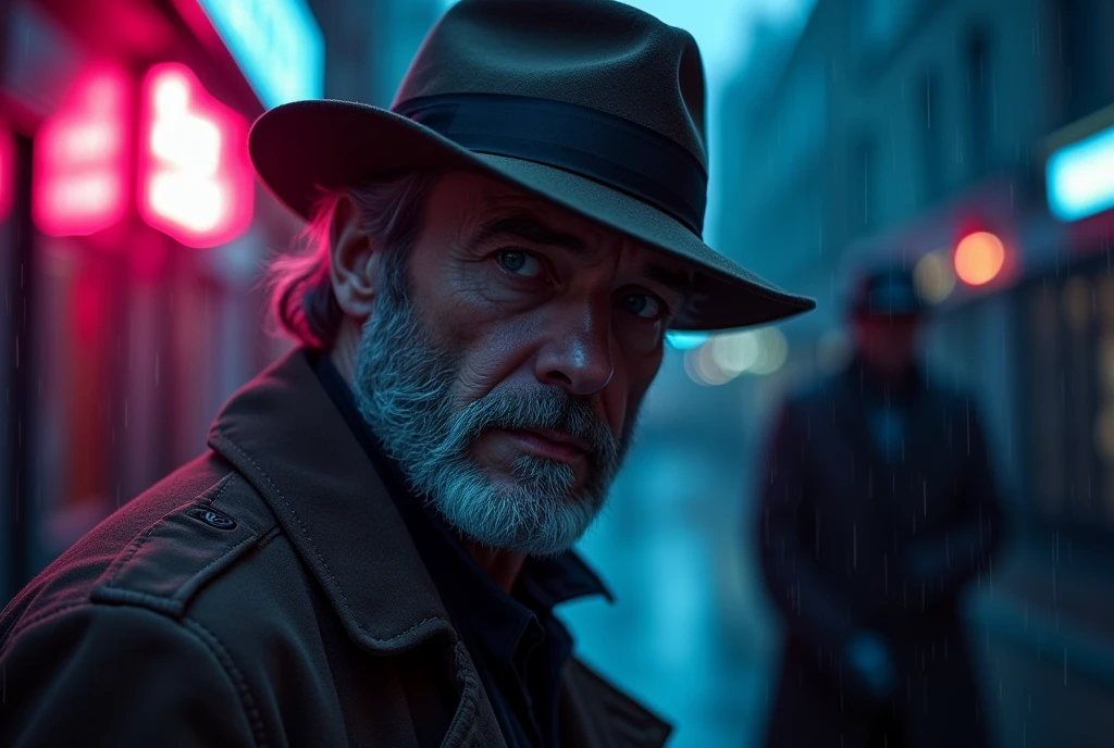 Movie Stills {Neon Black Showdown: (masterpiece, 8K, Ultra HD, Photo-real:1.3), Gray-haired detective (Stubble and piercing blue eyes:1.1), (Trench coat:1.2), Fedora, In the rain-soaked alley, Neon lights reflected on a puddle, A tense confrontation with the shadow, (Old revolver:1.2), Steam rises from the sidewalk, Compared (Neon Pink and Electric Blue:1.1) light, close up, side view, Strong gaze, Dramatic shadows, Wet Asphalt, Moody and atmospheric, Raindrops in the air, (Anxious anticipation:1.1), Detailed facial expressions} . Shallow depth of field, Vignette, Very detailed, High Budget, Bokeh, Widescreen movies, Moody, epic, Gorgeous, Film Grain, Granular