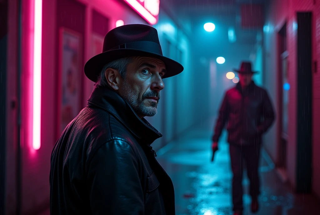 Movie Stills {Neon Black Showdown: (masterpiece, 8K, Ultra HD, Photo-real:1.3), Gray-haired detective (Stubble and piercing blue eyes:1.1), (Trench coat:1.2), Fedora, In the rain-soaked alley, Neon lights reflected on a puddle, A tense confrontation with the shadow, (Old revolver:1.2), Steam rises from the sidewalk, Compared (Neon Pink and Electric Blue:1.1) light, close up, side view, Strong gaze, Dramatic shadows, Wet Asphalt, Moody and atmospheric, Raindrops in the air, (Anxious anticipation:1.1), Detailed facial expressions} . Shallow depth of field, Vignette, Very detailed, High Budget, Bokeh, Widescreen movies, Moody, epic, Gorgeous, Film Grain, Granular