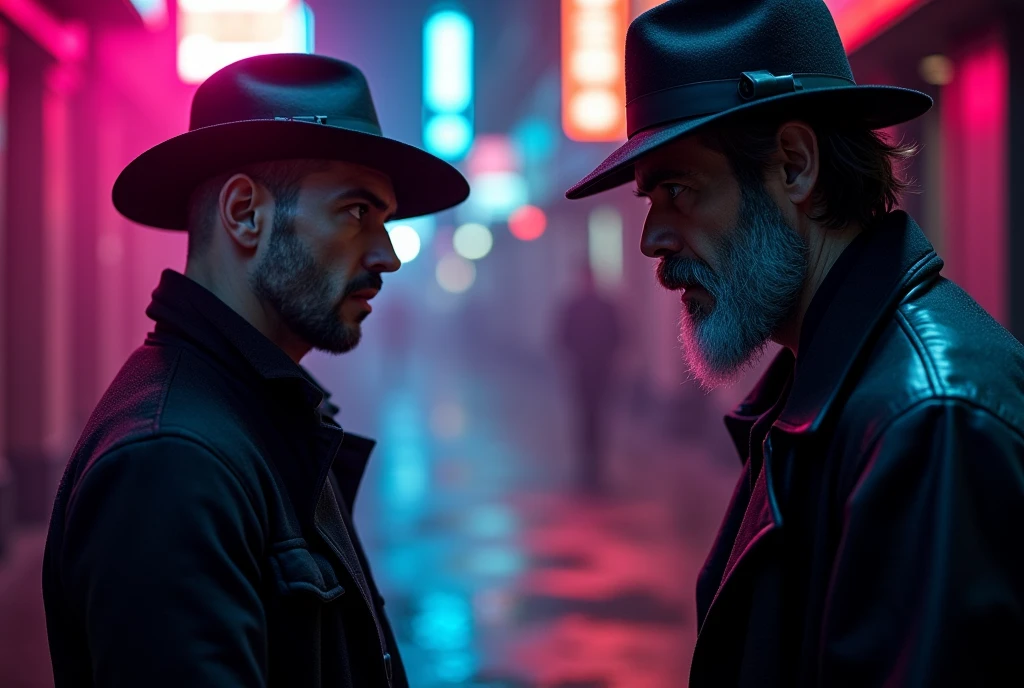 Movie Stills {Neon Black Showdown: (masterpiece, 8K, Ultra HD, Photo-real:1.3), Gray-haired detective (Stubble and piercing blue eyes:1.1), (Trench coat:1.2), Fedora, In the rain-soaked alley, Neon lights reflected on a puddle, A tense confrontation with the shadow, (Old revolver:1.2), Steam rises from the sidewalk, Compared (Neon Pink and Electric Blue:1.1) light, close up, side view, Strong gaze, Dramatic shadows, Wet Asphalt, Moody and atmospheric, Raindrops in the air, (Anxious anticipation:1.1), Detailed facial expressions} . Shallow depth of field, Vignette, Very detailed, High Budget, Bokeh, Widescreen movies, Moody, epic, Gorgeous, Film Grain, Granular