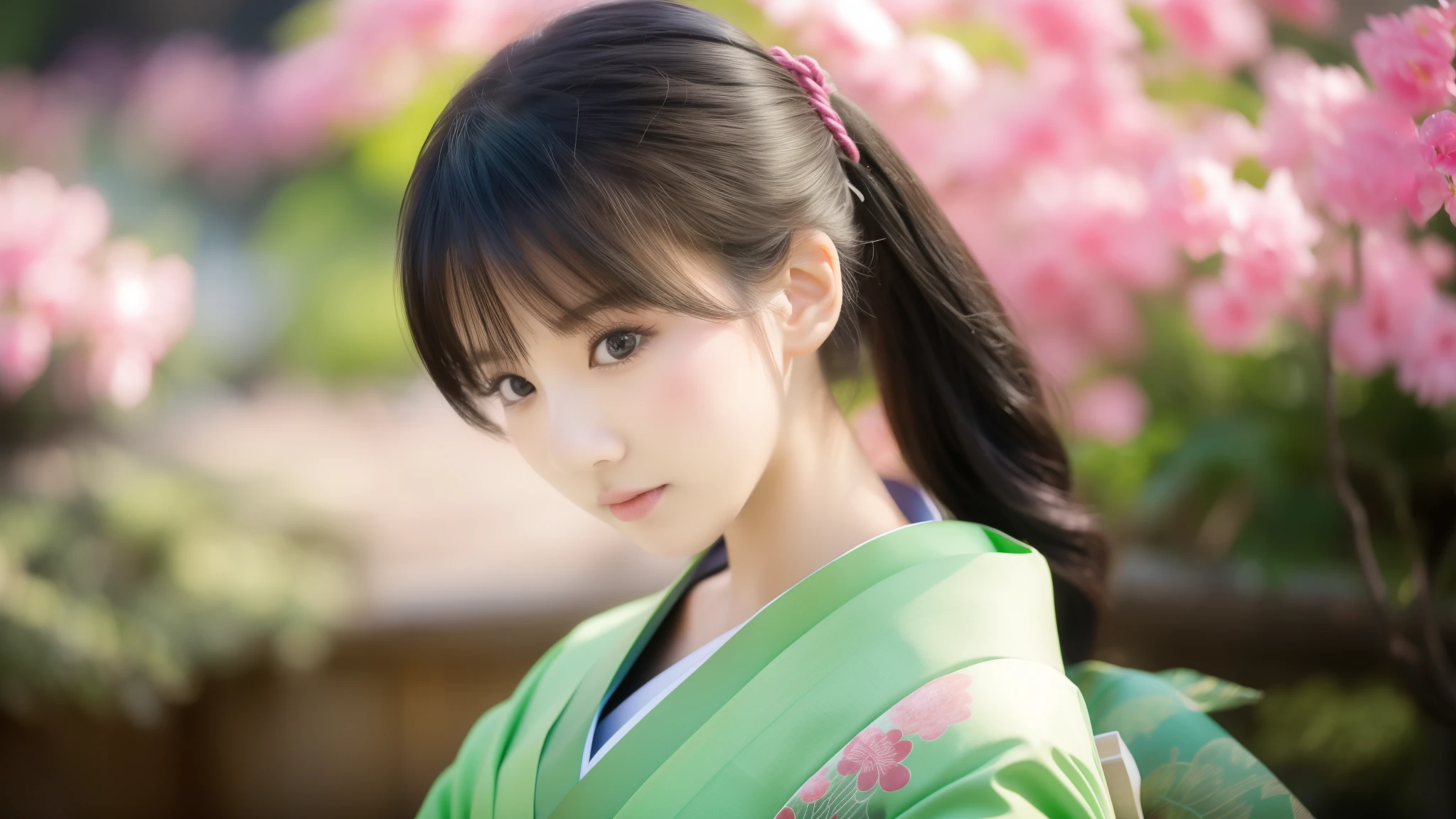 green base, Cute angry face, Pun Pun, 最high quality、high quality、Best image quality、8k、最High resolution、High resolution、temple, Realistic photos, Healthy body, Beautiful Eyes, Flowing black hair, Colorful kimono, Calm expression, Soft lighting, Traditional Japanese art style, Vibrant colors, Peaceful atmosphere, Delicate features, Graceful posture, Beautiful Landscape