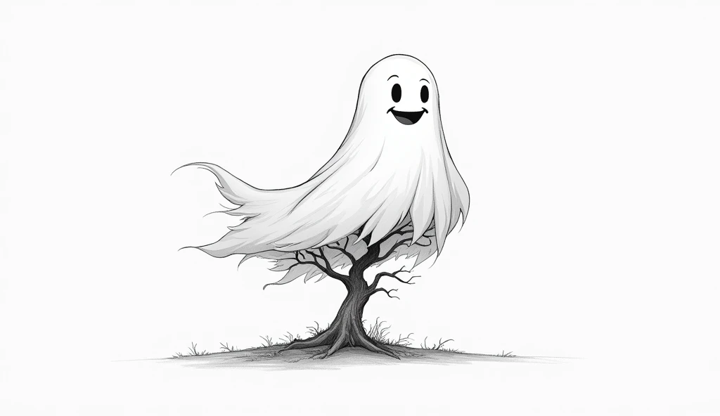 Cartoon Big ghost guarding a tree in pencil drawing 