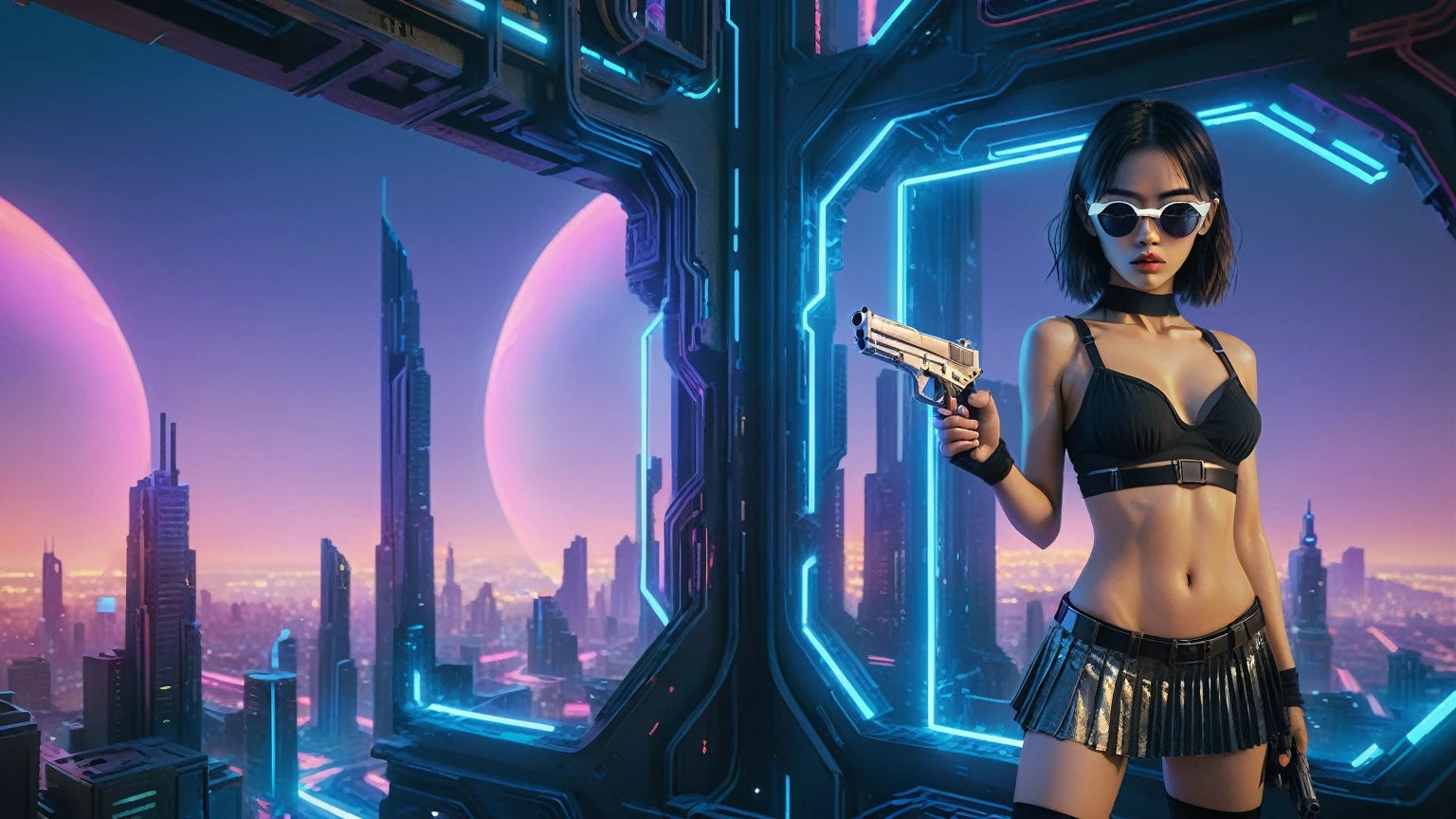 Cyberpunk female plagiarist immersed in digital theft, neon-lit alias within a vast online labyrinth, grotesque grunge brushing into surrealism, illuminated by kaleidoscopic volumetric light, a detailed masterpiece reminiscent of Moebius' distinctive style, deep focus, heightened depth field, psychedelic undertones amplified in a cinematic shot, aerial view of cyberpunk city at night, (1girl, solo), photo realistic, large-breast:1.4 D-cup slim body, cleavage:1.4, slim face, off broken mini sling-shirt and black sling bra, extremely short white pleated miniskirt, micro panty, (matrix style black micro sunglasses), (holding a short gun), half-body thigh level medium shot, cinematic lighting, ray tracing.