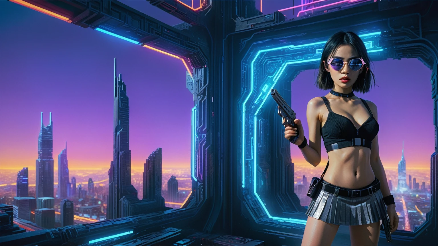 Cyberpunk female plagiarist immersed in digital theft, neon-lit alias within a vast online labyrinth, grotesque grunge brushing into surrealism, illuminated by kaleidoscopic volumetric light, a detailed masterpiece reminiscent of Moebius' distinctive style, deep focus, heightened depth field, psychedelic undertones amplified in a cinematic shot, aerial view of cyberpunk city at night, (1girl, solo), photo realistic, large-breast:1.4 D-cup slim body, cleavage:1.4, slim face, off broken mini sling-shirt and black sling bra, extremely short white pleated miniskirt, micro panty, (matrix style black micro sunglasses), (holding a short gun), half-body thigh level medium shot, cinematic lighting, ray tracing.