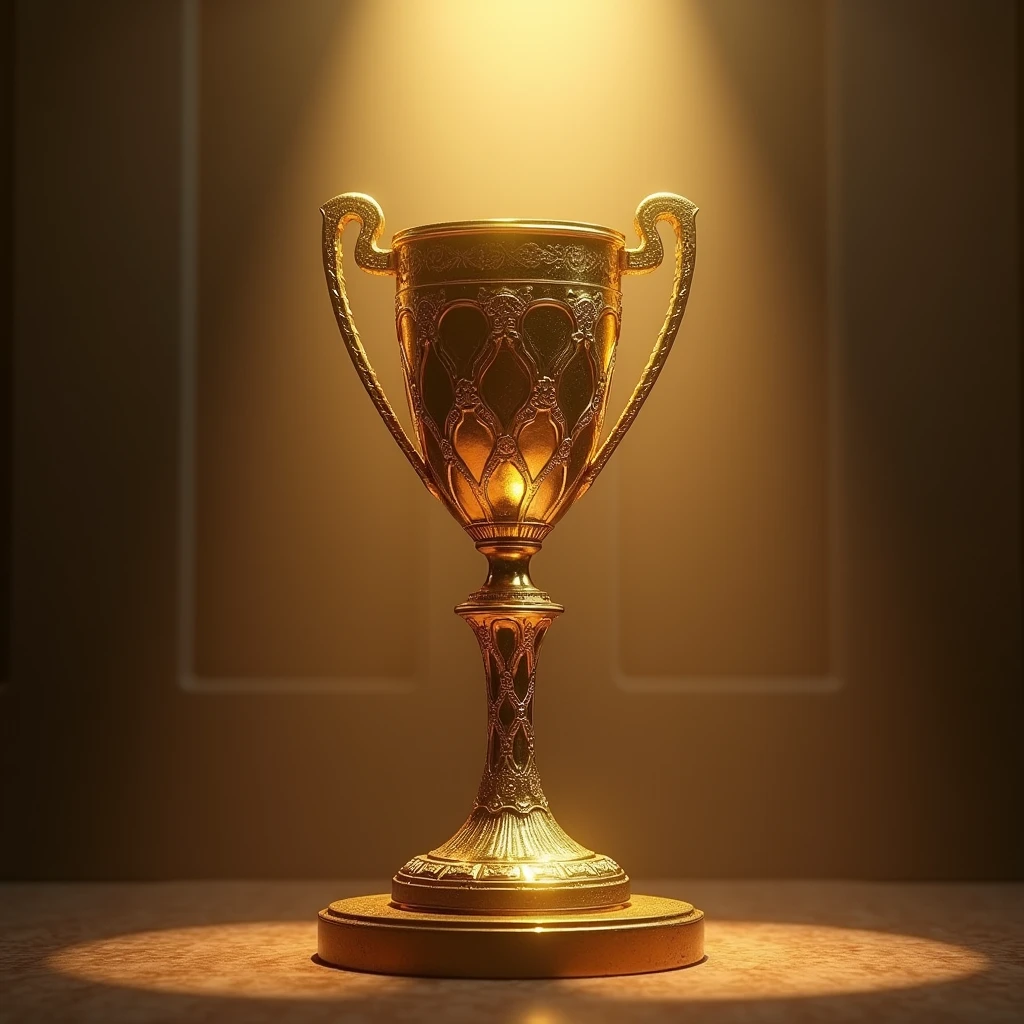 A giant gold trophy,Trophy Focus,Stage light,Surrealism, 4K, 8K, Reality, Extremely detailed, professional 3d render, Movie Lighting, Drama, Vibrant colors,