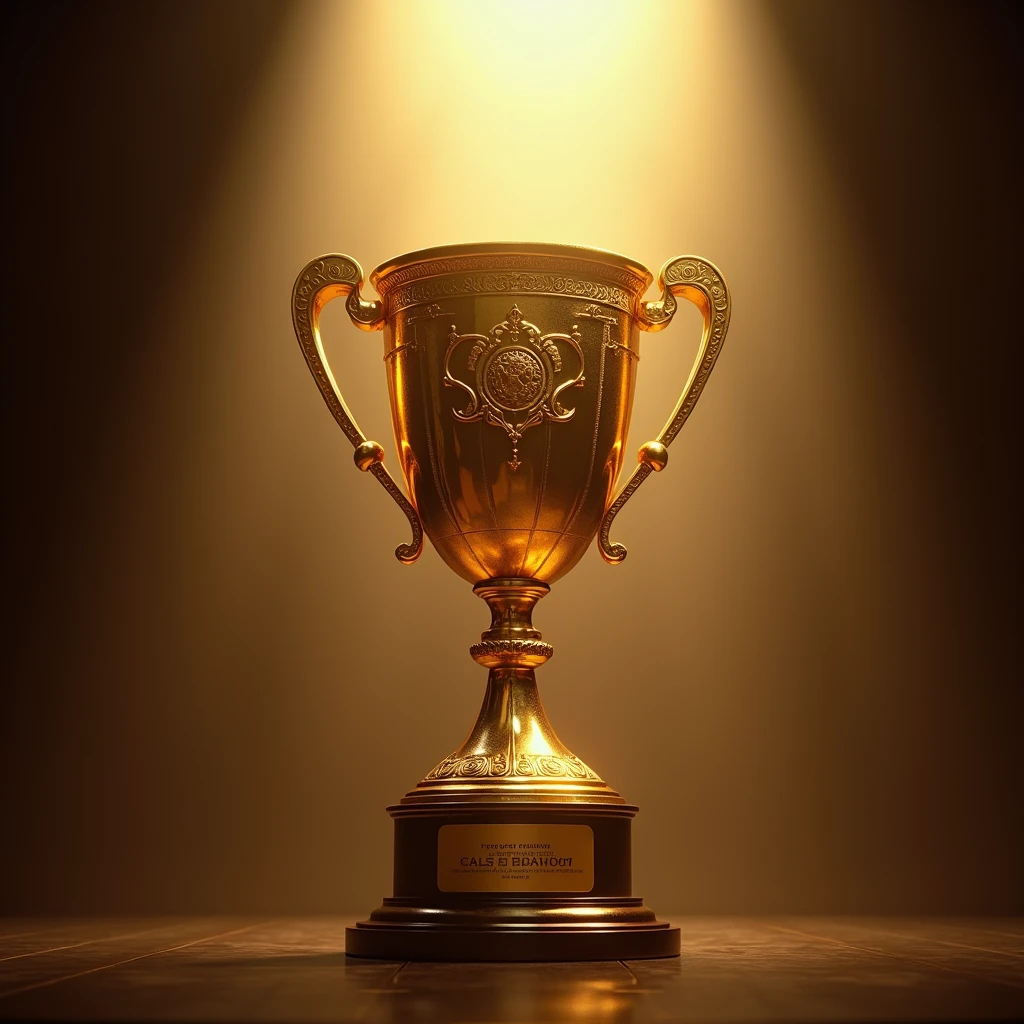 A giant gold trophy,Trophy Focus,Stage light,Surrealism, 4K, 8K, Reality, Extremely detailed, professional 3d render, Movie Lighting, Drama, Vibrant colors,