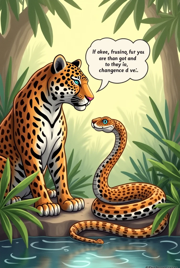 A drawing of a snake next to a jaguar with a speech bubble above the snake. Make a drawing more , without giving fear