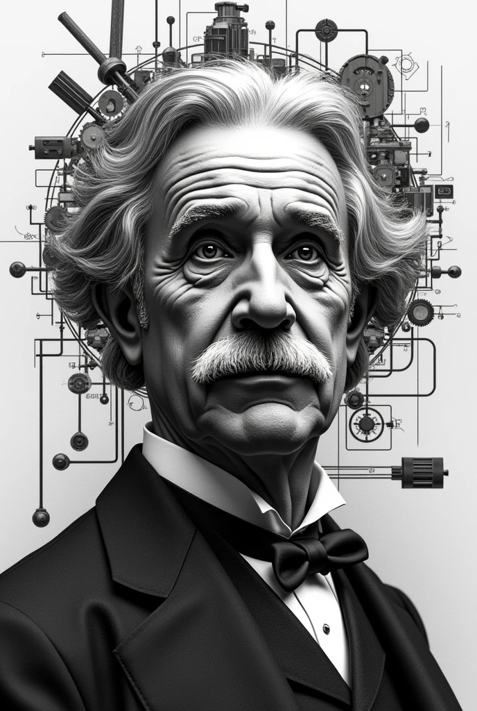 Black and white, collage artwork of technology forming Thomas Edison face