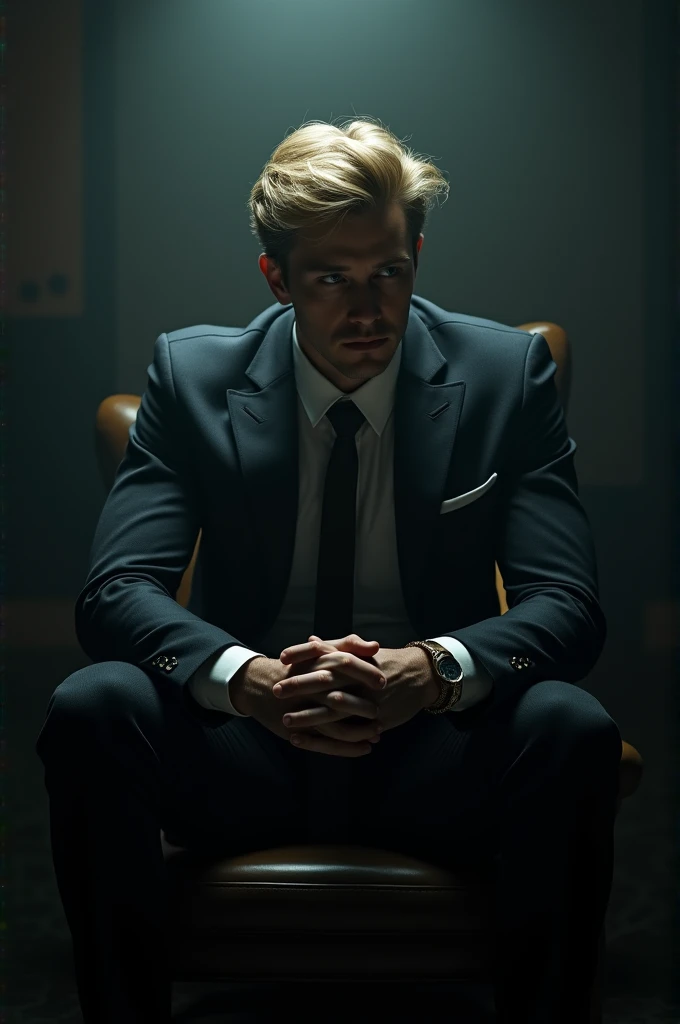 A mysterious handsome blond man sitting on a chair, fond noir, realistic