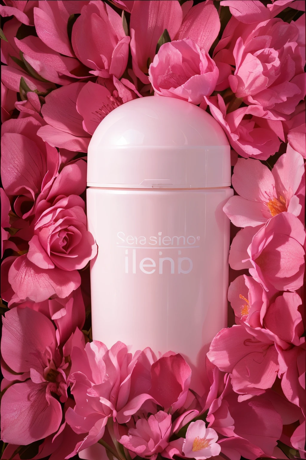 A container is placed on the petals of the four-season flower,No leaves,Only one element is flower,Four seasons flowers soft lighting, Official product photos, Sensual, threateningly, Medium Panorama,, Official product images, Synthetic biological skin, crisp smooth lines, Delicate pink skin