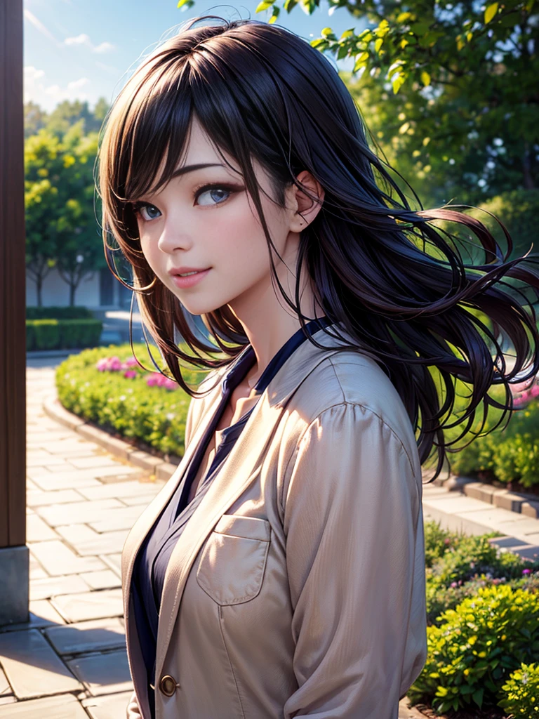 Cute 26 year old half Japanese, half Thai girl、garden、Super detailed face、Pay attention to the details、double eyelid、Beautiful thin nose、Sharp focus:1.2、Beautiful woman:1.4、(Light brown hair,Straight long hair),Natural hair blowing in the wind、Pure white skin、Highest quality、masterpiece、Ultra-high resolution、(Photorealistic:1.4)、Highly detailed and professional lighting、nice smile、Please show me your whole body、Cute Blazer、((1 image、No division))
