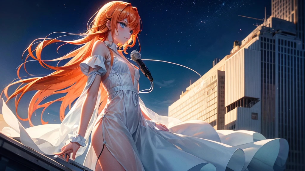 Mid-chest, Wearing a white sheer dress and holding a transistor microphone, Back view of a man standing on the roof of a building looking at the night view, Long Orange Hair, Amazing blue eyes, sunny day,Night Sky.