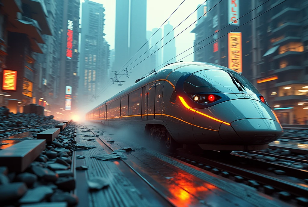 (best quality,4k,high resolution,Artwork:1.2),traveling by train,ruins,sci-fi,futuristic,Cinematic lighting,chiaroscuro,Ray tracing,highly detailed,High quality,mirai,color contrast , atmospheric, dystopian, urban, vibrant colors, broken glass, dramatic shadows, decaying buildings, futuristic technology, dynamic composition, motion blur, urban decay, dynamic perspective, immersive atmosphere, post-apocalyptic, abandoned, reflections, moody, intense, mystery, advanced design, elegant lines, powerful engine, speed, danger, Adrenaline rush ((((More details, highly detailed, with enhanced_urban_theme))))