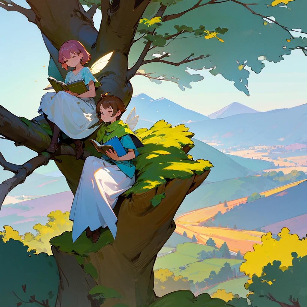 A fairy reading a book on top of a tree, with a mountainous background
