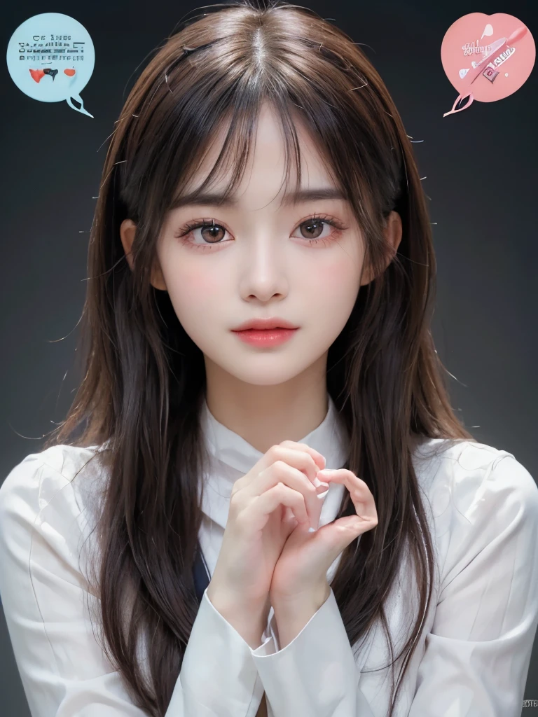 (8k, RAW Photos, Highest quality, masterpiece: 1.2), Very detailed, Super Resolution, (Genuine, Genuine photos: 1.37), Portraiture, High-quality RAW color photos, Professional photos, Very detailedで美新しい, Very detailed, 8k wallpaper, Amazing details, Very detailed CG Unity 8k wallpaper, Very detailed beautiful girls, Very detailed facesHighly detailed eyes, Very fine skin, Very detailed fingers, Very small nose, Very detailed detailed mouth, Perfect Anatomy, Big eyes、Detailed Background, High Quality Clothing, (Blunt bangs: 1.2), smile、(((heart icon background:1.3))), cowboy shot,
