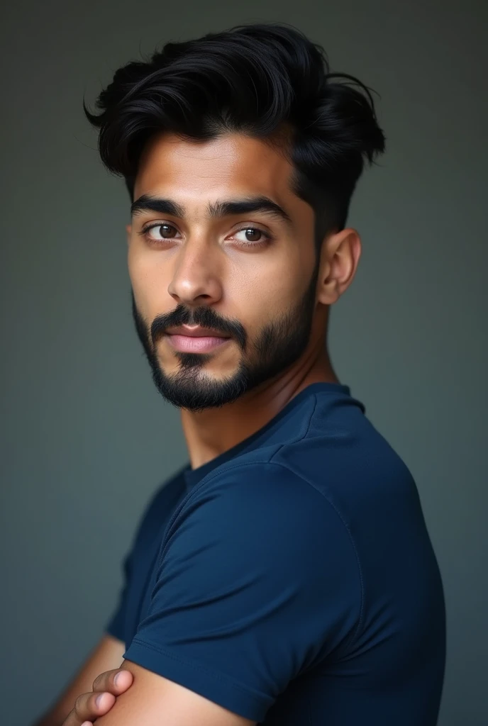 Handsome white Indian guy, 2, Korean glass skin, dark short hair
bit wider face, brown eyes and bit shorter hair
wider cheek
1 day beard
there is a line shaved in the right eyebrow, on a t-shirt fitting perfectly deep blue t-shirt, looking back at camera pose photography, 
