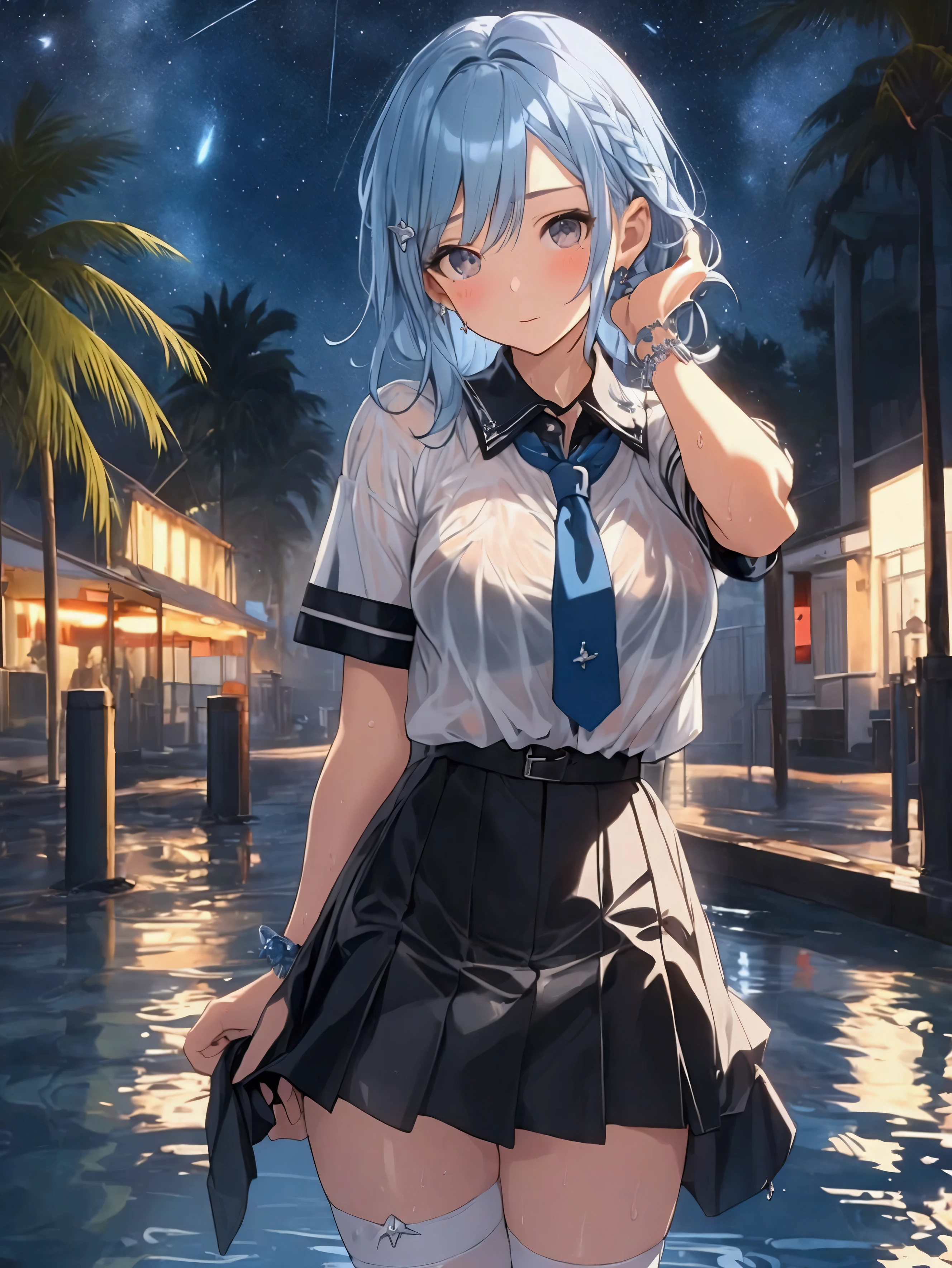 masterpiece, best quality, extremely detailed a pretty woman,wet hair,short sleeve,mini skirt,blue hair,black eyes,every life,clear ,zettai ryouiki,big sister,night,starry ,night sky,beach at night,big breasts