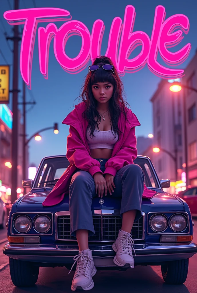 A pop girly mess aesthetic purple core logo album titled "Trouble" by Prestine Kang , a girl person sitting on a car in a street that is in trouble