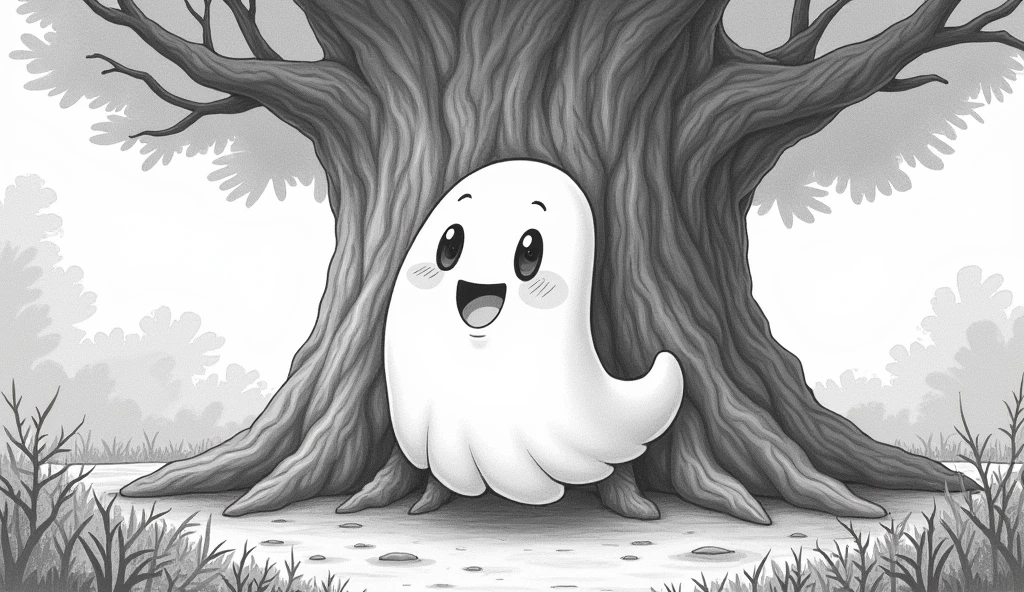 Cartoon Big ghost guarding a huge tree in pencil drawing