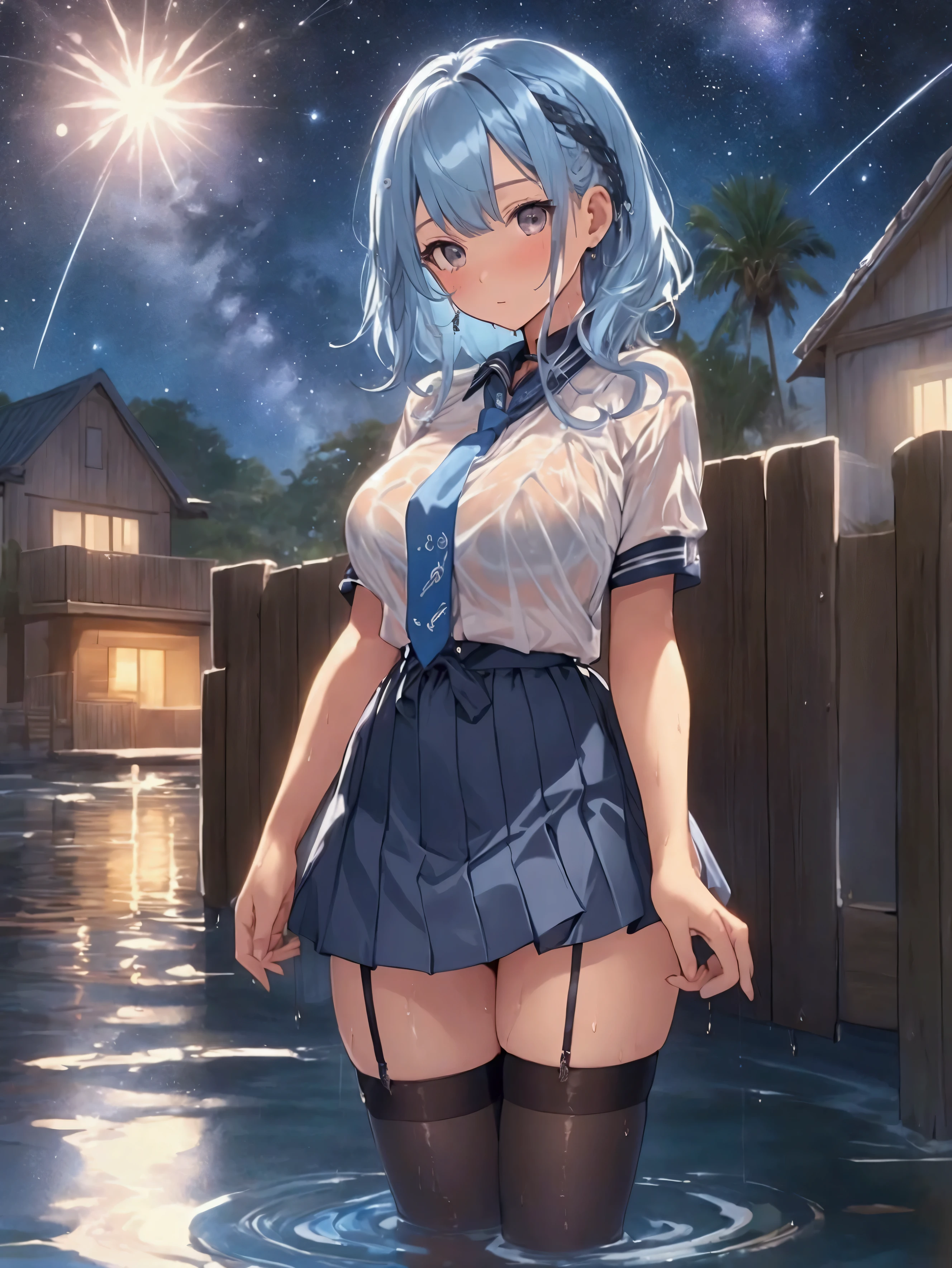 realisitic、top-quality、女の子 1 人、20yr old、２Color hair、piercings、Shy face、Fancy Bikini、beautiful boob 、sexypose、s ass、Near the river at night、bru、Particles of light、profetional lighting、shooting stars、wall-paper、