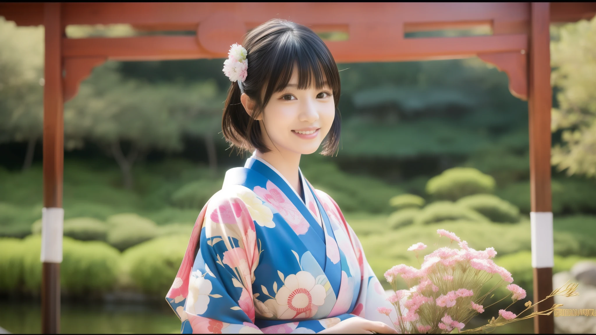 (色鮮やかなyukata), smile, (１people), (don't split the screen), yukata, (Spectacular views), (nature), Neatly trimmed bangs、Straight and voluminous bangs、Short bangs, 最high quality、high quality、Best image quality、8k、最High resolution、High resolution、temple, Realistic photos, Healthy body, Beautiful Eyes, Flowing black hair, Colorful kimono, Calm expression, Soft lighting, Traditional Japanese art style, Vibrant colors, Peaceful atmosphere, Delicate features, Graceful posture, Beautiful Landscape