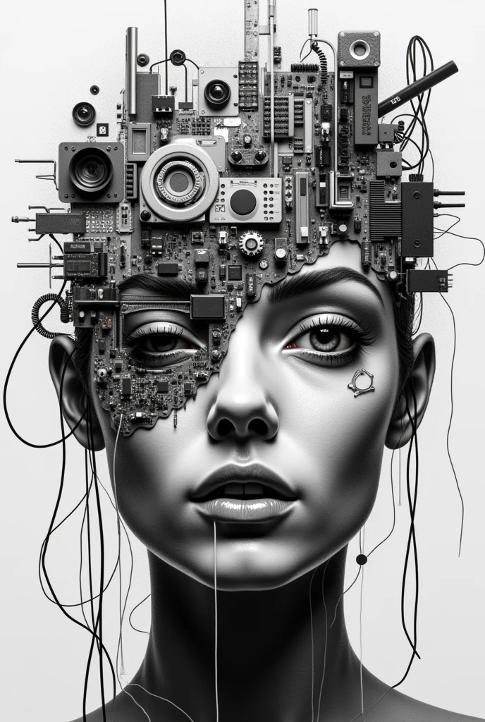 Black and white, collage artwork of technologies forming human face