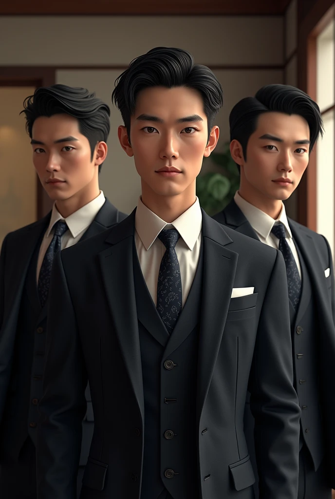 Japan handsome men. They wear a three piece suit.