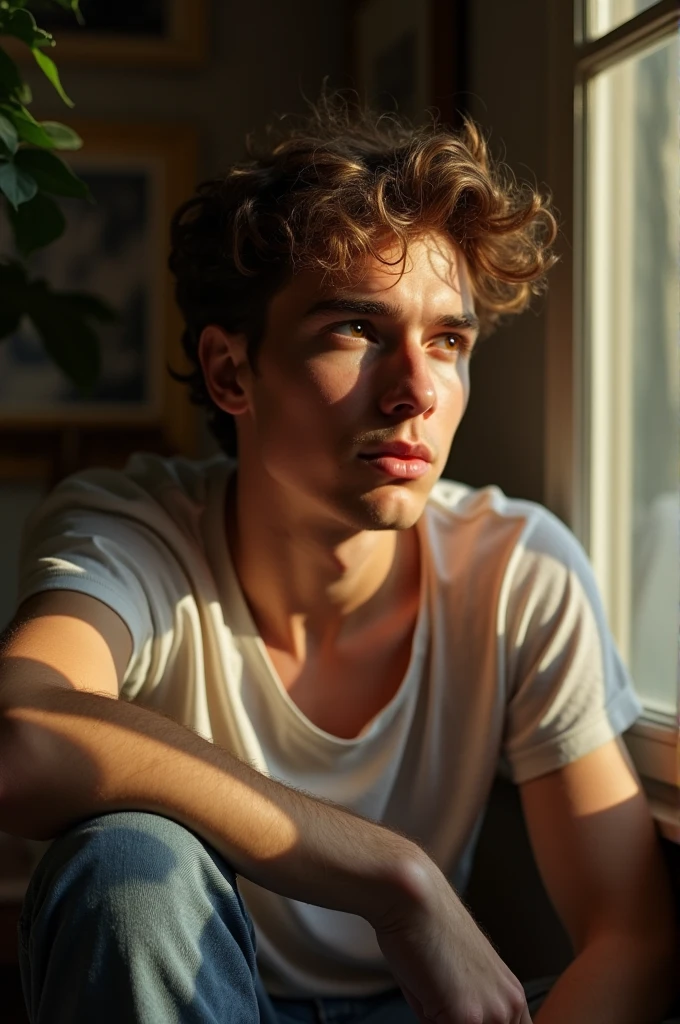 Closeup candid portrait photo of a young artistic man, sitting by the window, sunlight beams on her face, soft romantic lighting, summer day