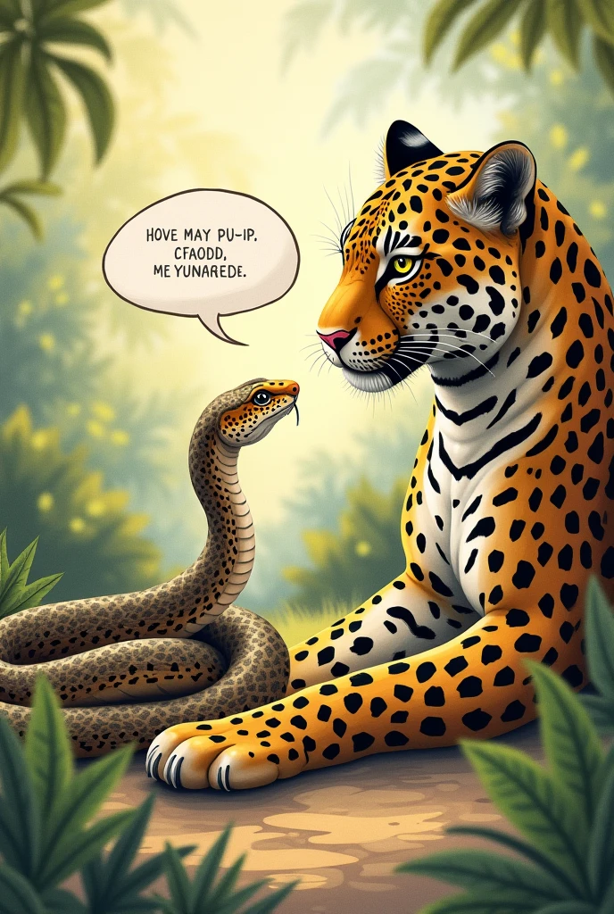 A drawing of a snake next to a jaguar with a speech bubble above the snake. Make a drawing more , without giving fear