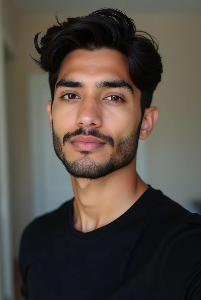 Handsome white Indian guy, 2, Korean glass skin, dark short hair
bit wider face, brown eyes and bit shorter hair
wider cheek
1 day beard
there is a line shaved in the right eyebrow, on a t-shirt fitting perfectly black t-shirt, looking back at camera selfie