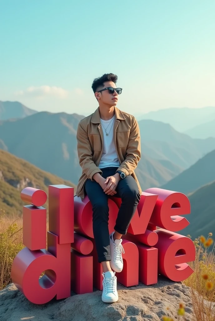 a handsome Asian guy aged 20 wearing cool clothes. sitting on a 3d text block that says "I love Dinie". background view from the hill