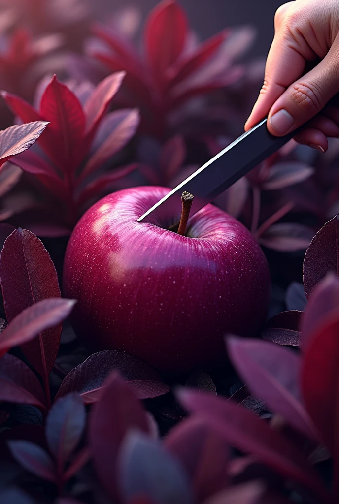 Cut a purple apple with red leaves