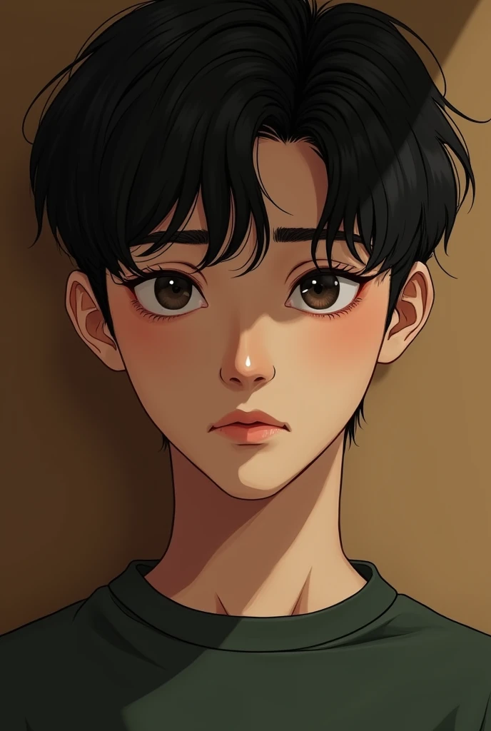 Can you create a brown book cover image with only a pair of sad eyes of a cute Asian guys?