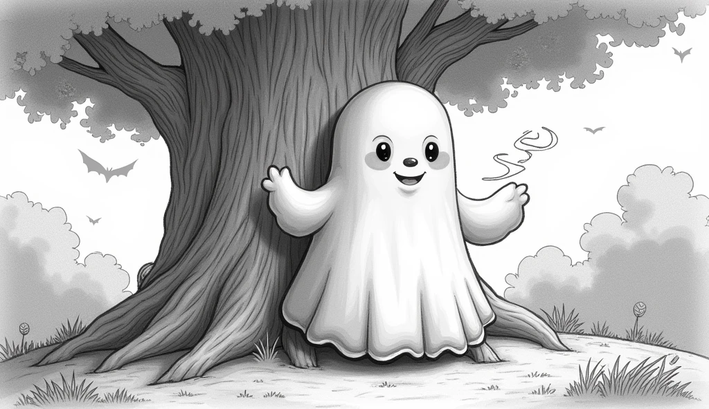 Cartoon Big ghost guarding a huge tree in pencil drawing