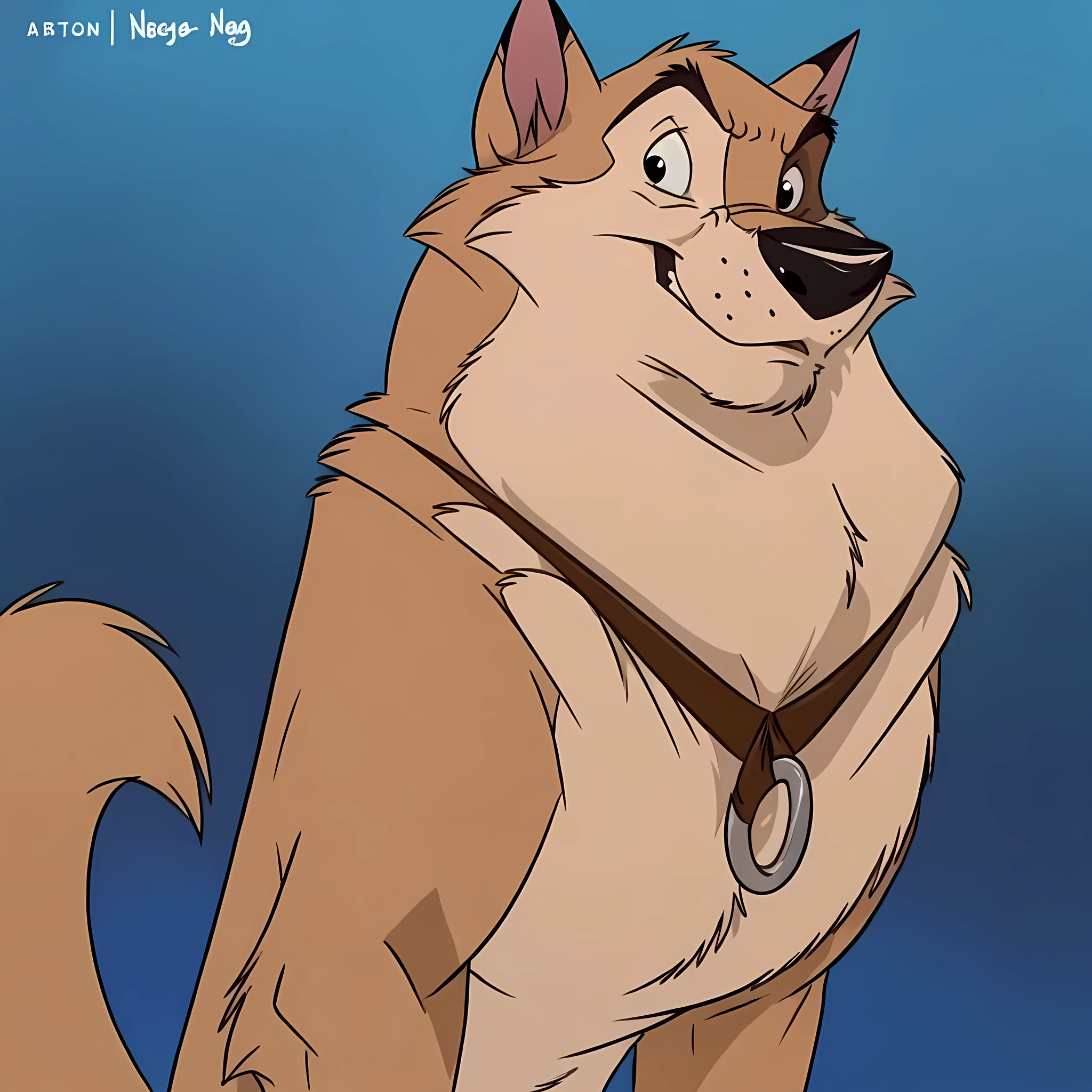 kaltag (balto), solo, detailed, detailed face, detailed eyes, feral, black lineart, black outline, male, muscular body, black eyes, cartoon shading, cel shaded:1.0, confident, proud, (stylized background, stylized snowflakes, blue background, gradient background, simple background):1.2, bare chest, by wfa, by negger, posing, correct anatomy, correct proportions, pectorals