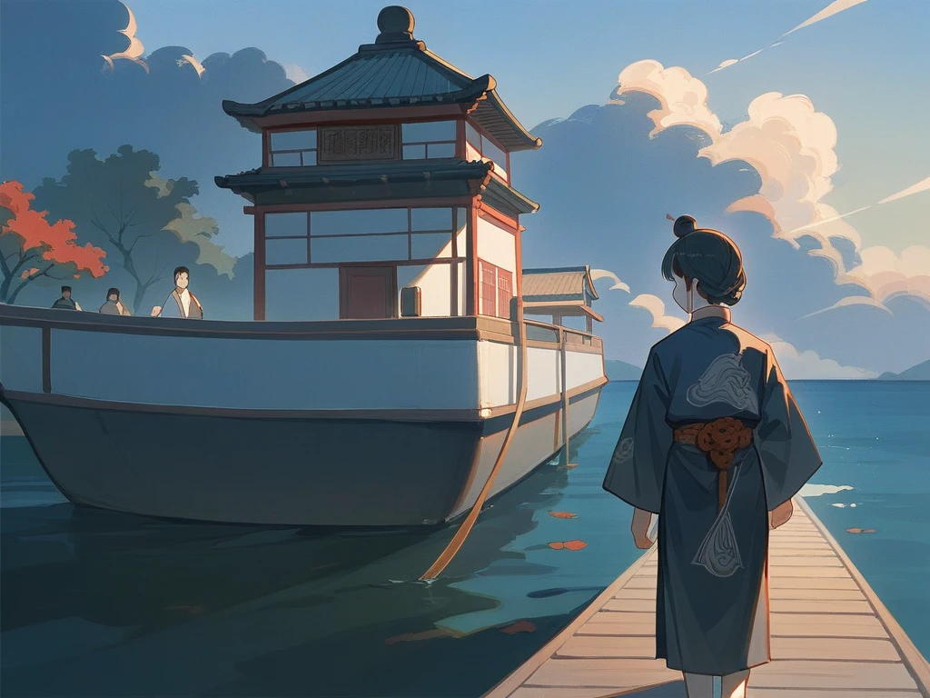 best quality，People wearing Hanfu standing on the boat ，Anime characters wearing Hanfu, Chinese, 穿着ancient China的衣服, ancient China, 身着ancient China服饰, Chinese traditional clothing, Chinese Fantasy