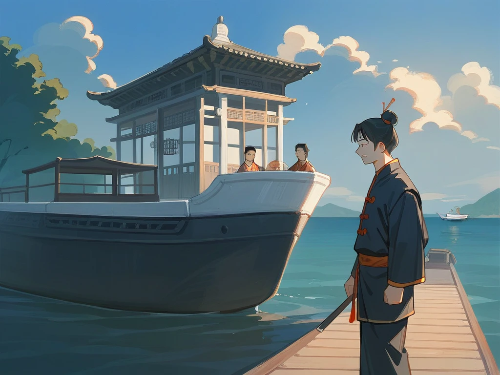 best quality，People wearing Hanfu standing on the boat ，Anime characters wearing Hanfu, Chinese, 穿着ancient China的衣服, ancient China, 身着ancient China服饰, Chinese traditional clothing, Chinese Fantasy