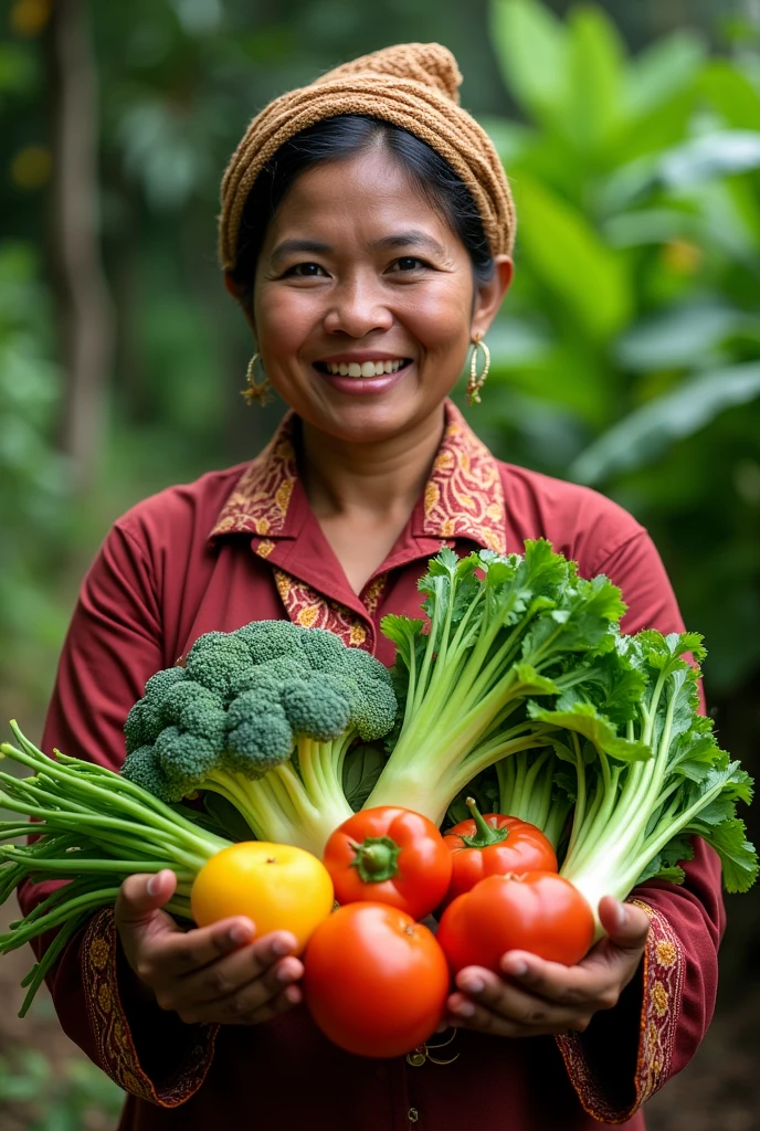 fresh vegetable photo, and beautiful, realistic, held by a Javanese woman wearing a kemben
