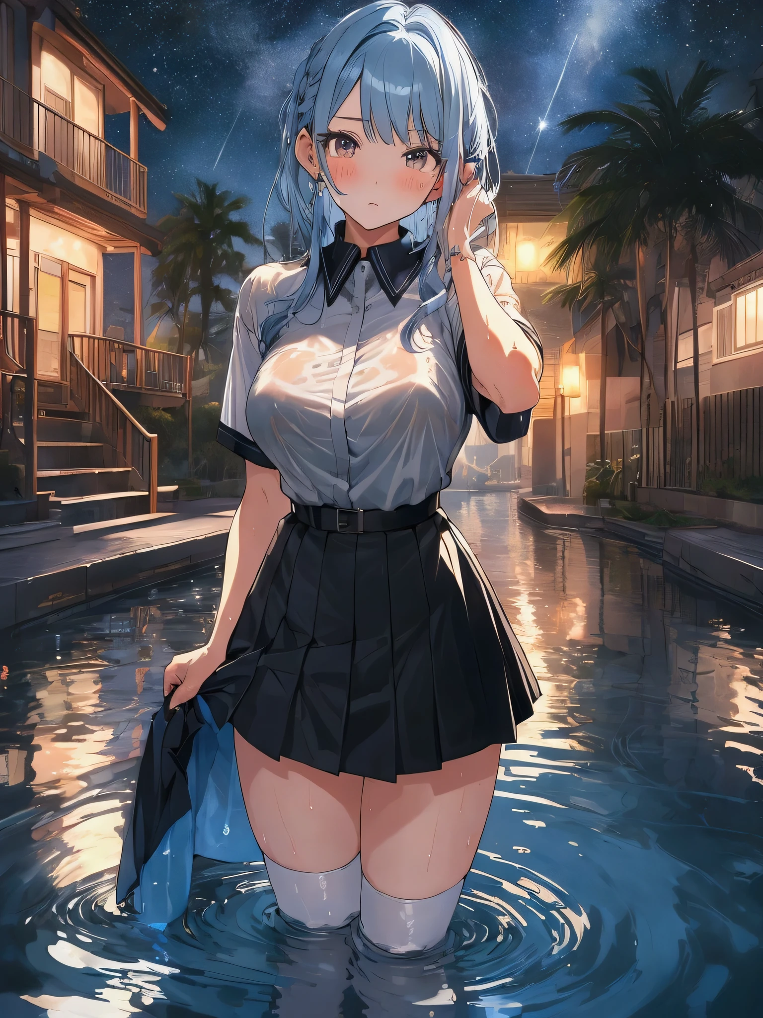masterpiece, best quality, extremely detailed a pretty woman,wet hair,short sleeve,mini skirt,blue hair,black eyes,every life,clear ,zettai ryouiki,big sister,night,starry ,night sky,beach at night,big breasts