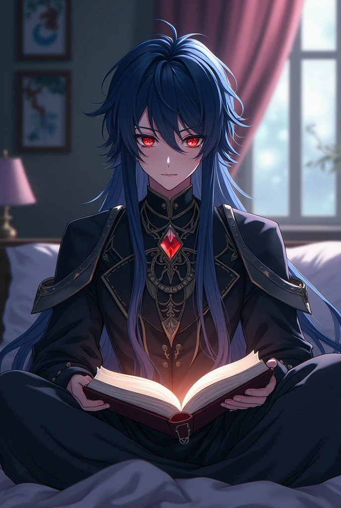 Anime boy with red eyes representing long dark blue hair ,Fair skinned and wearing all black fantasy clothes sitting on a bed reading a book