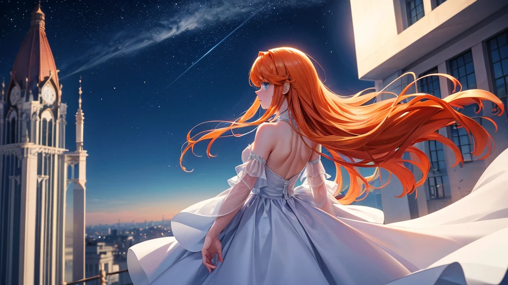 Mid-chest, With her elbows on her white sheer dress, Back view of a man standing on the roof of a building looking at the night view, Long Orange Hair, Amazing blue eyes, sunny day,Night Sky.8k